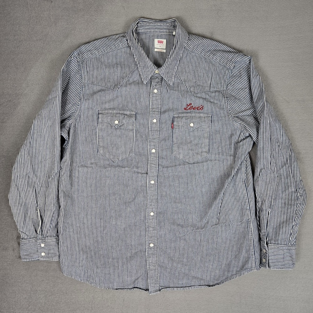 Levis Shirt Mens XL Blue White Denim Western Pearl Snap Hickory Stripe Cowboy